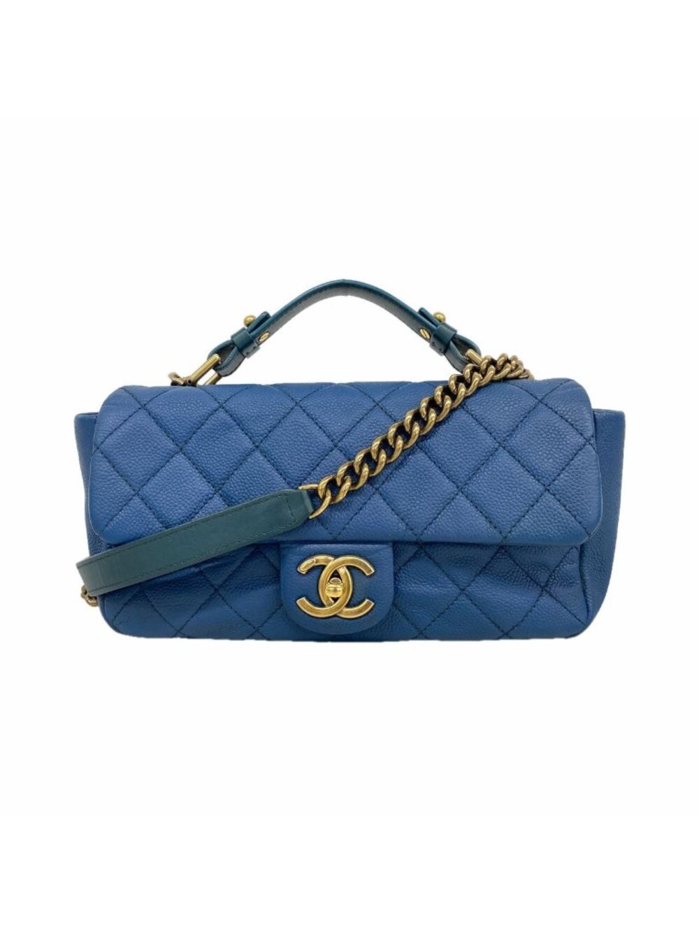 Chanel Handbag Quilted Caviar Leather Blue Champagne Gold 2-Way Bag